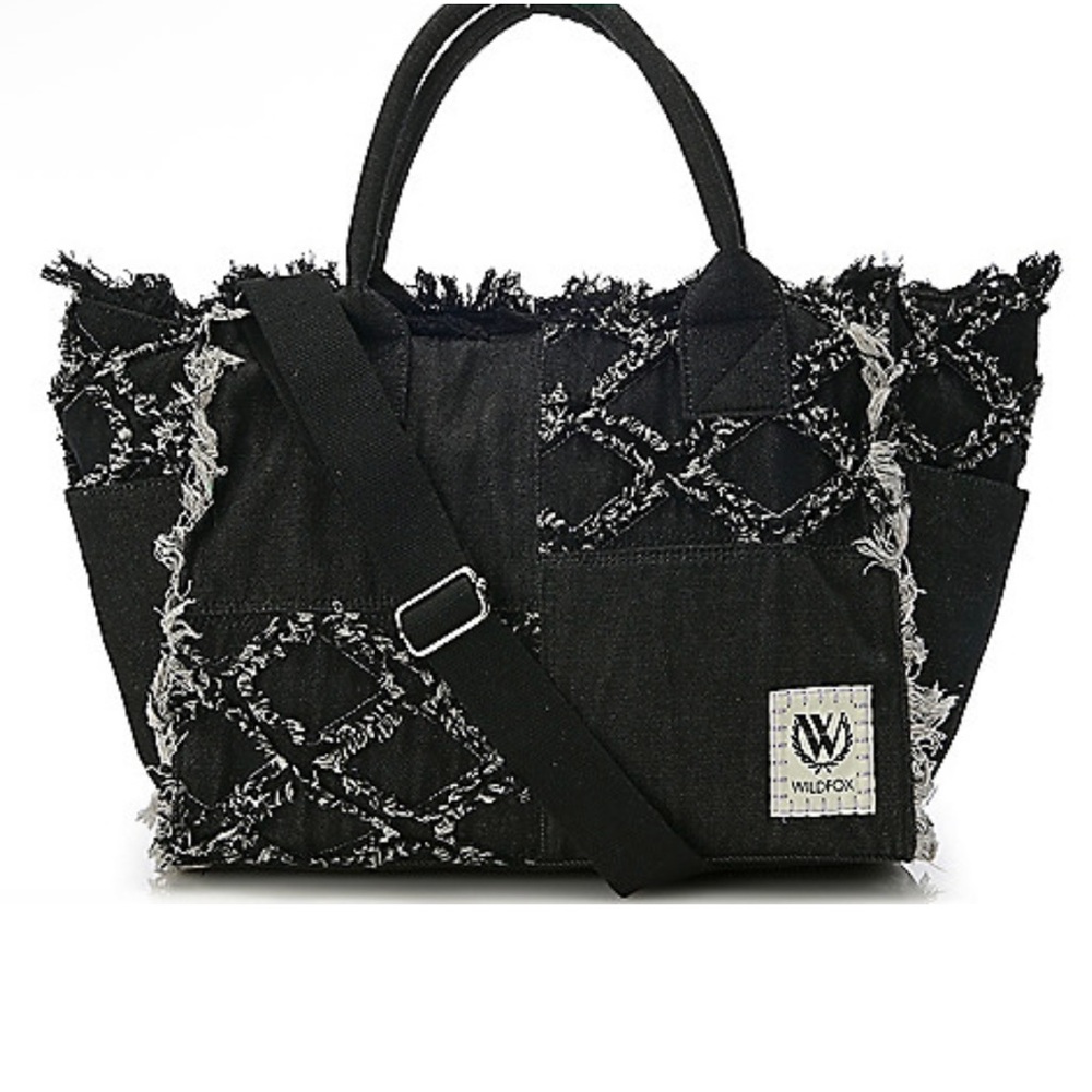 Wildfox BNWT Black Denim And Gray Distressed Tote Bag Adjustable Strap